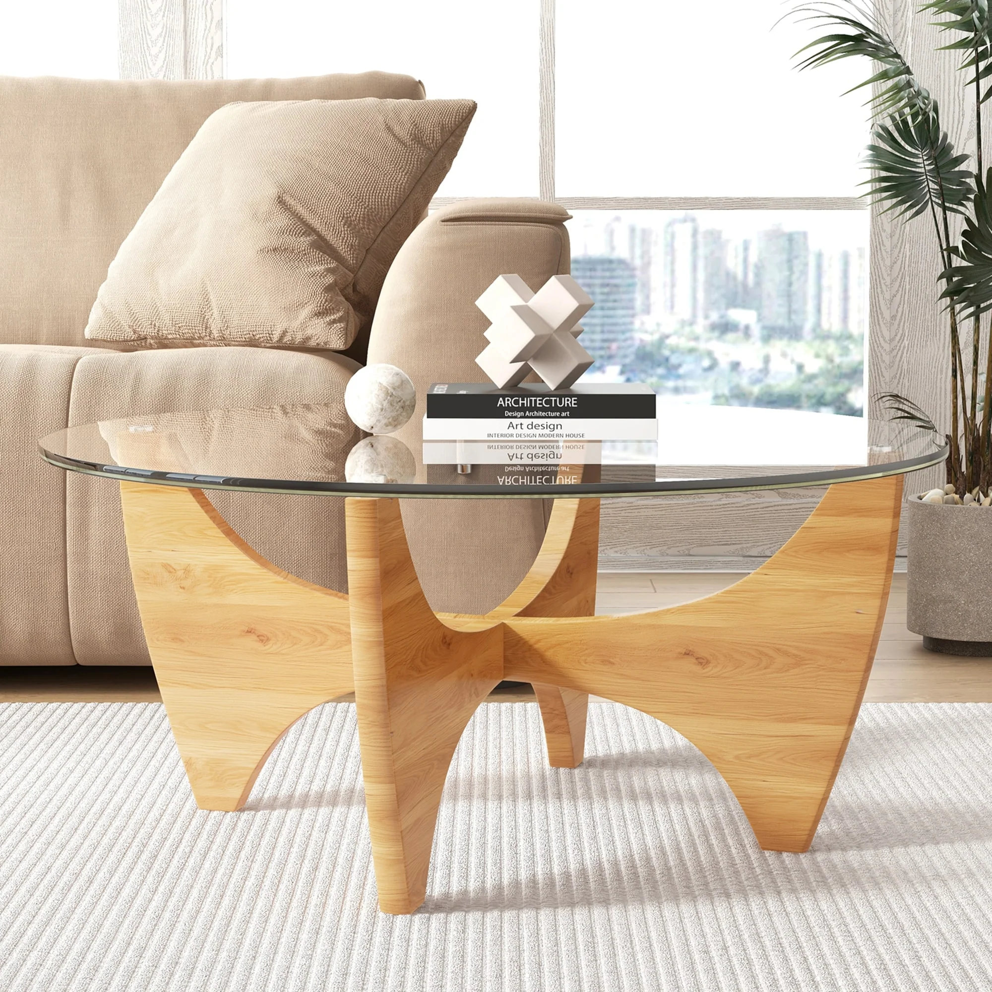 Round Glass Top Coffee Table Solid Wood - 35.4×35.4×16