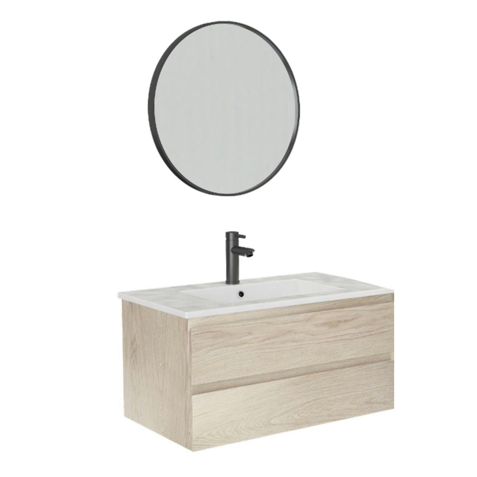SORRENTO - Meuble simple vasque 80cm décor chêne  +vasque +robinet noir +miroir