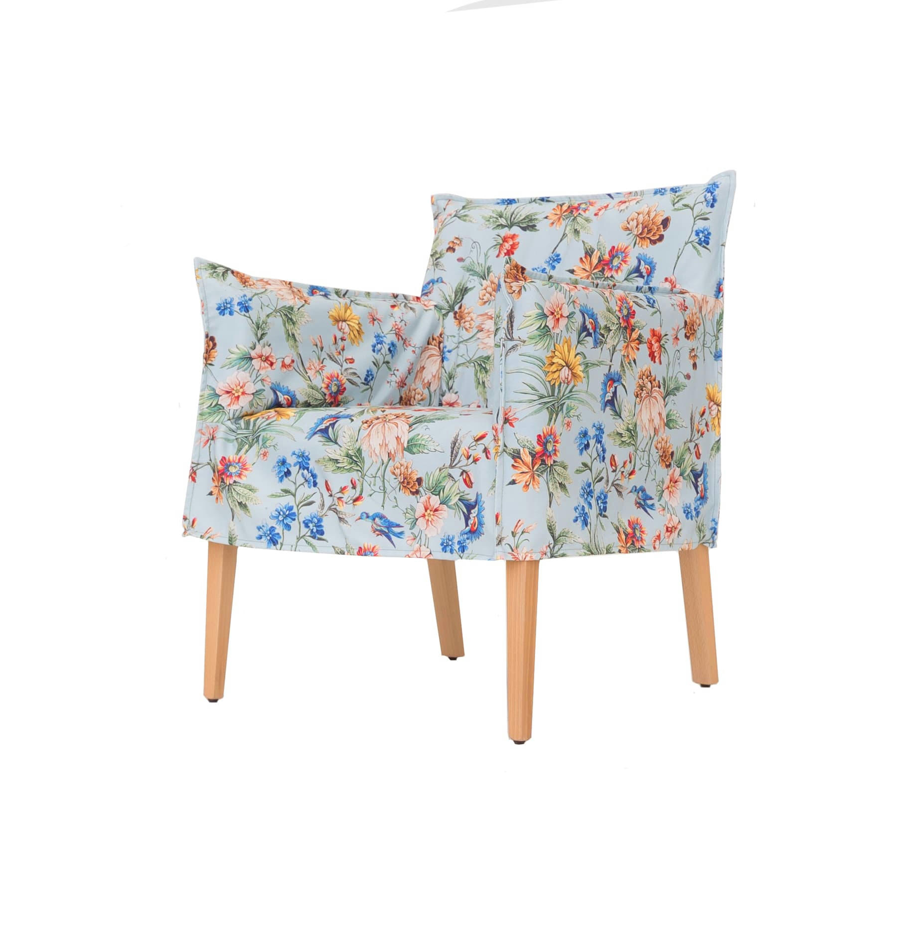 SINTRA - Fauteuil en bois massif d'hêtre imprimé floral sur fond bleu clair.