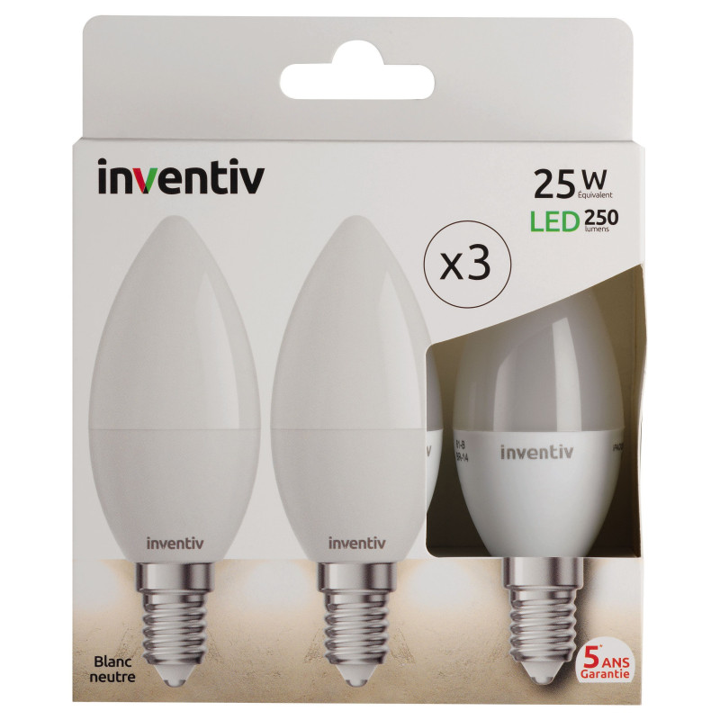 Ampoule LED flamme E14 3 W 250 lm blanc neutre 3 pièces INVENTIV
