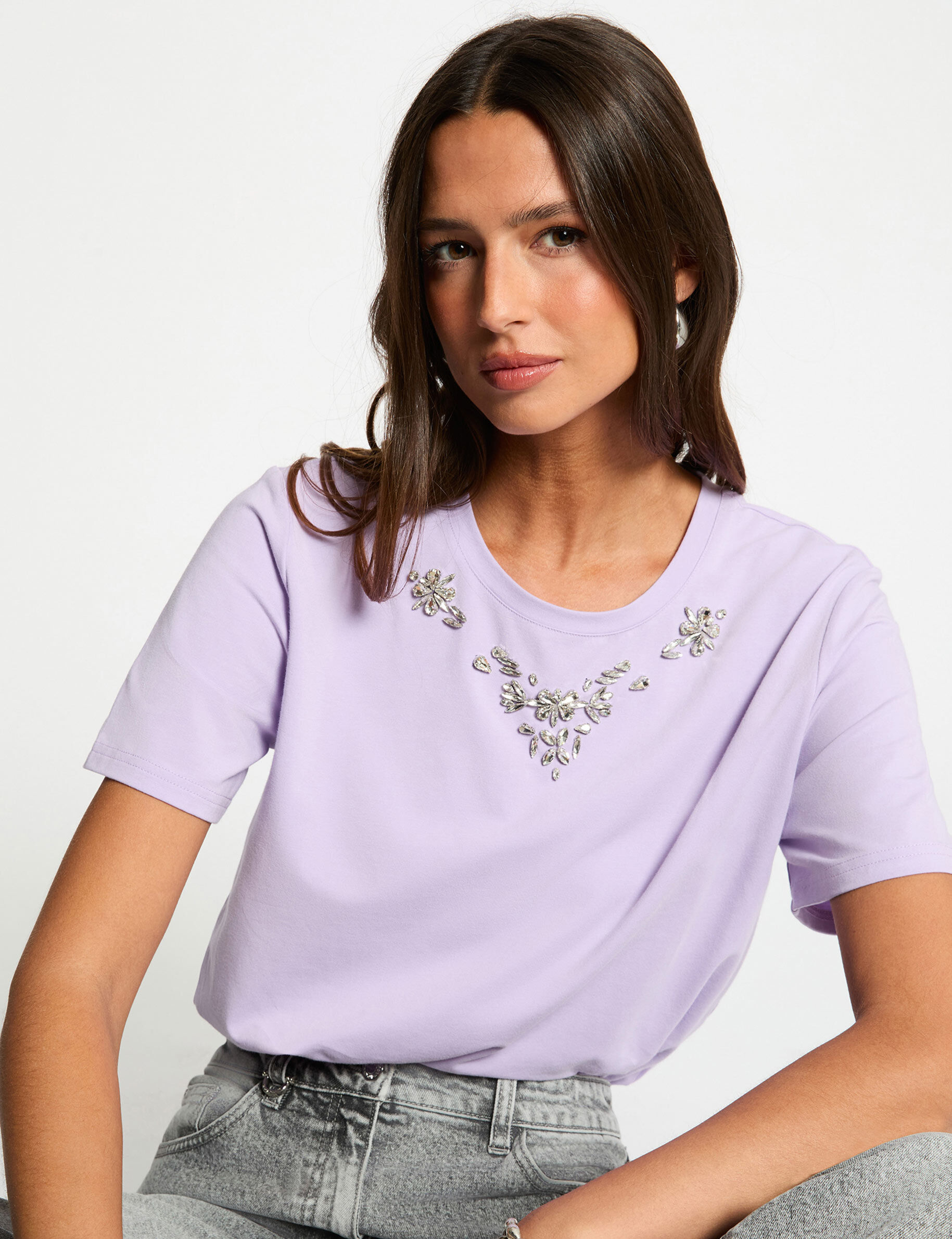 Short-Sleeve T-Shirt With Rhinestones Mauve Women