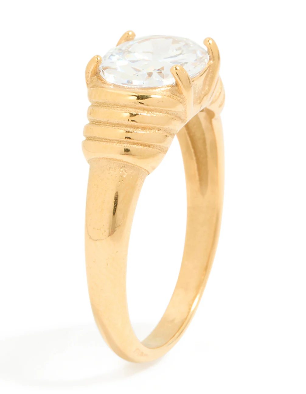 Waterproof Gold Plated Stainless Steel Oval Cubic Zirconia Ribbed Ring
