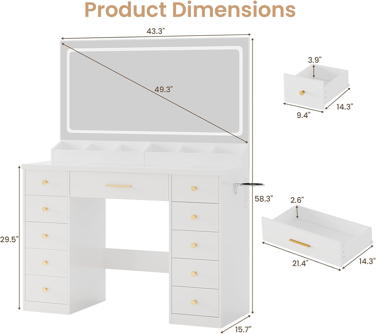 White Vanity Desk with Mirror and Lights,Glass Top Vanity Table with Power Outlet,Dressing Table with 11 RGB Drawers,3 Led Light Modes,Makeup Vanity Desk for Bedroom Women Girls
