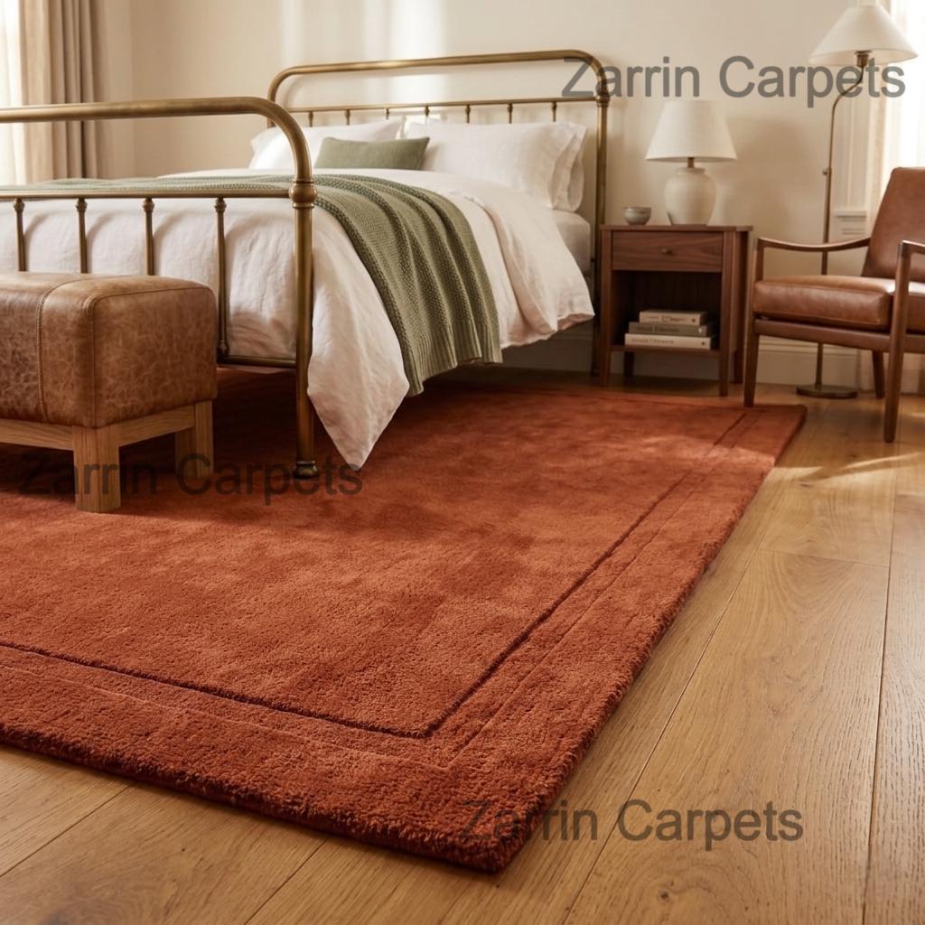 Hand-Tufted Terracotta Wool Rug – Modern Minimalist Burnt Orange Border Design