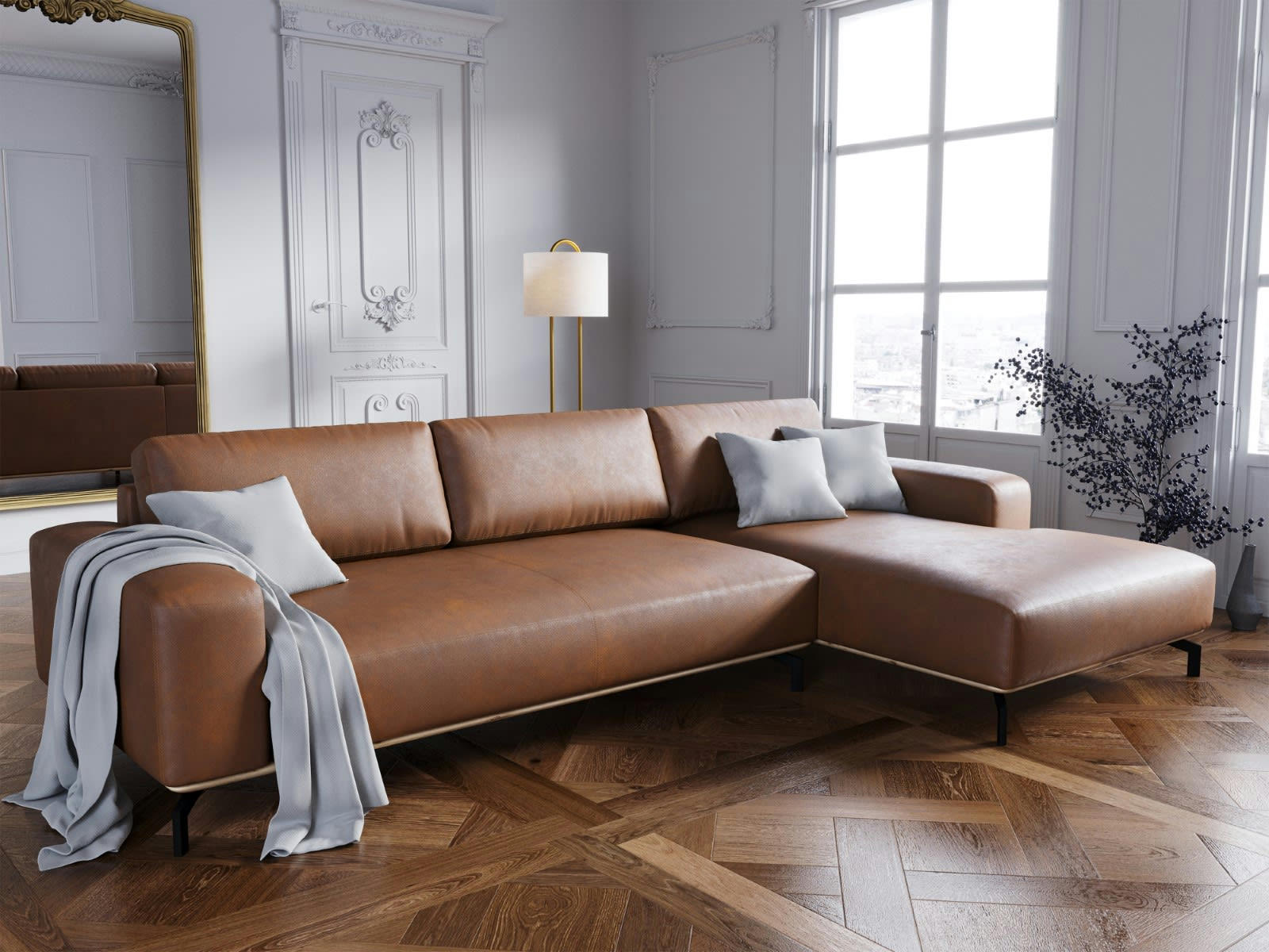 MARC - Canapé D'Angle Droit 5 places en Cuir Véritable Marron