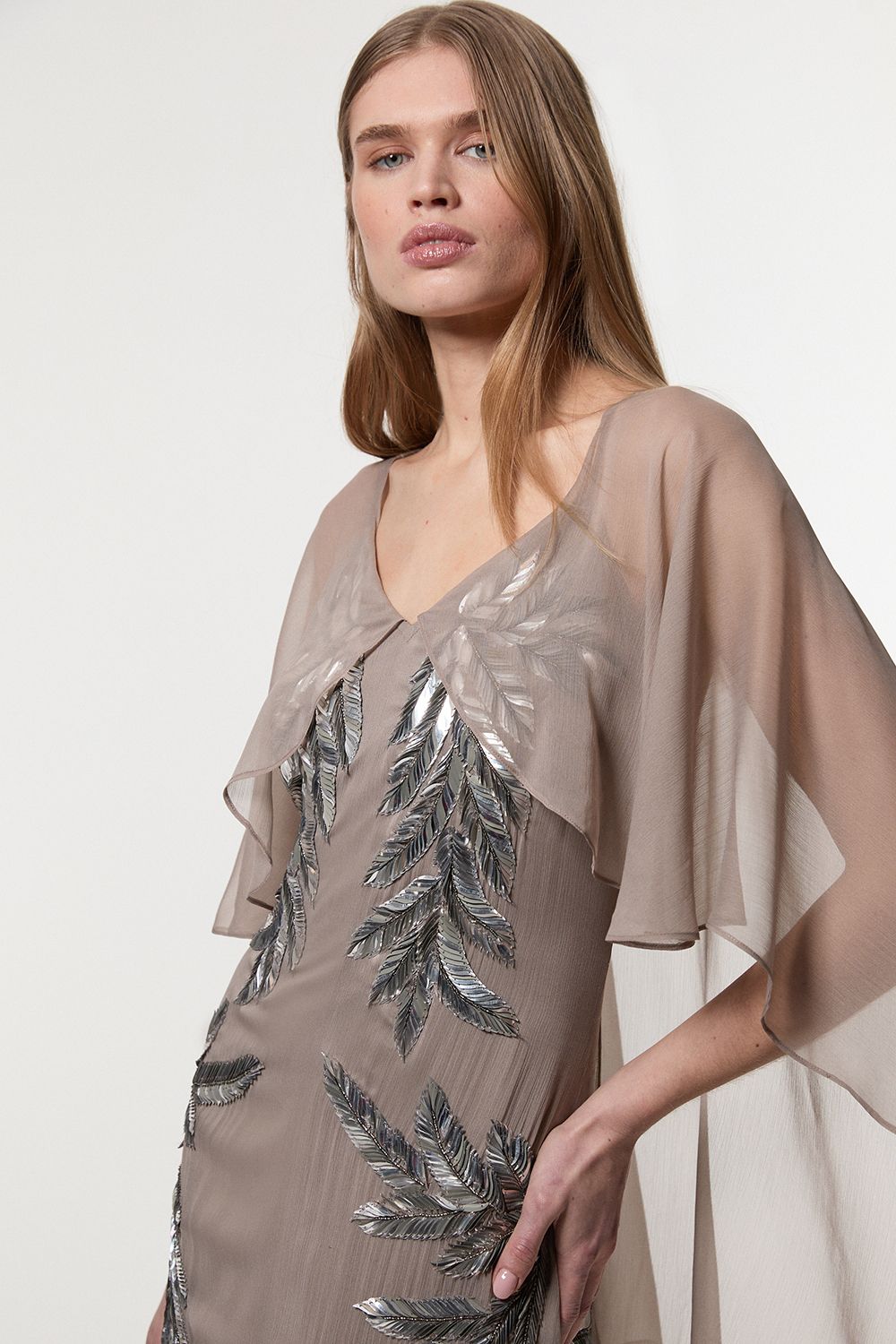 KarenMillen Feather Embellished Woven Cape Sleeve Maxi Dress