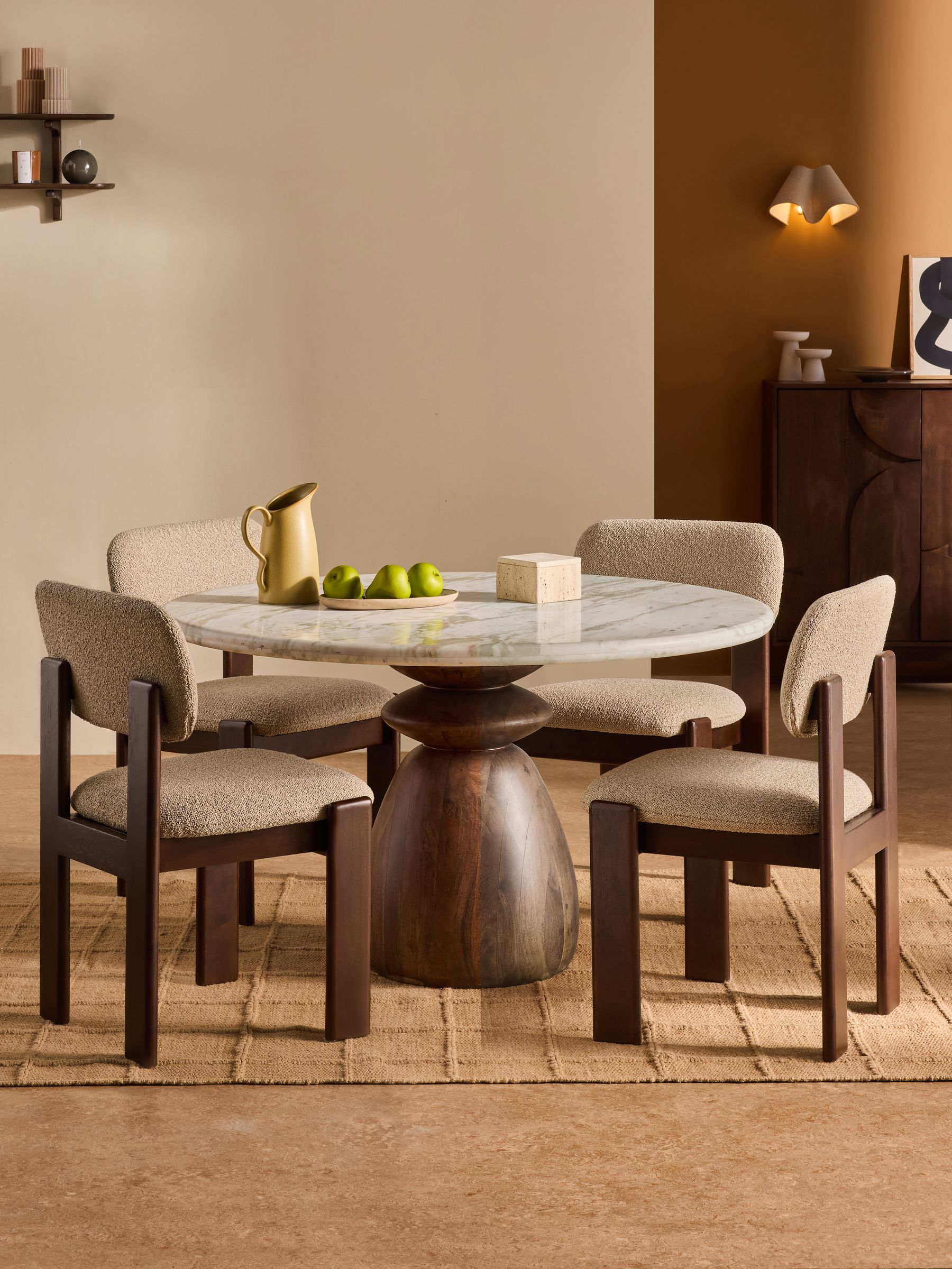 Isolde 4 Seater Round Fixed Dining Table in Natural Marble and Mango Wood