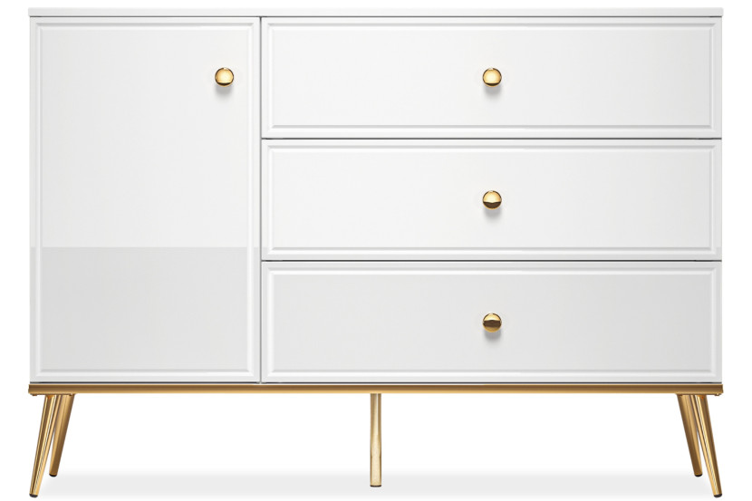 KONSIMO ISORIA Elegancka komoda 120 cm biały połysk, złote elementy glamour