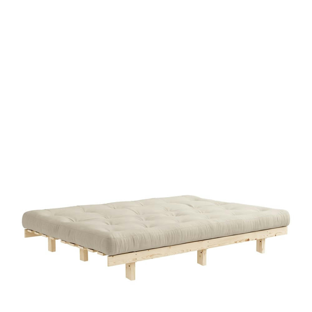 LEAN - Canapé convertible en bois naturel et tissu beige 3 places
