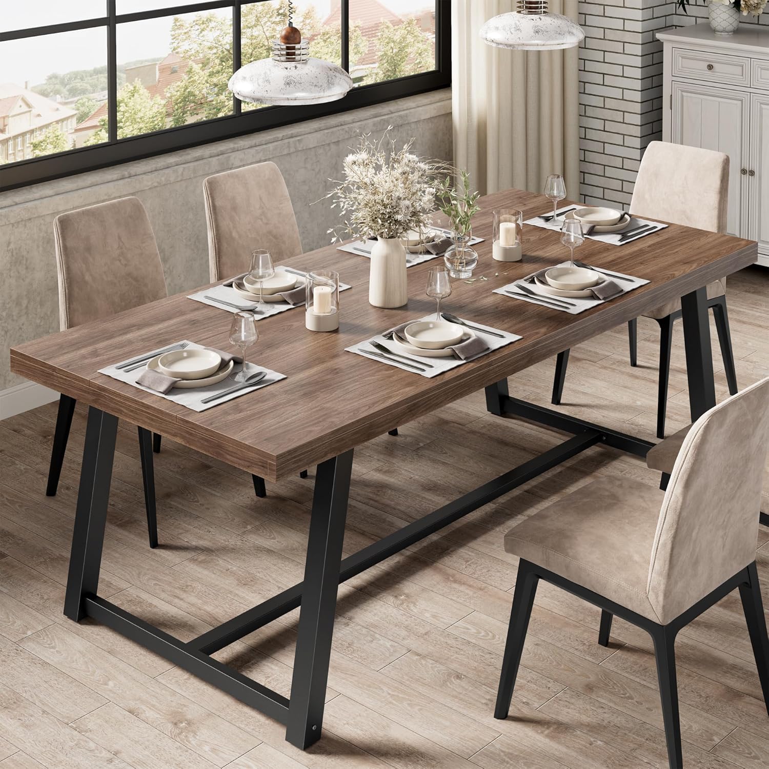 IRONCK 71 Dining Table for 6-8 People, Industrial Kitchen Table with Sturdy Metal Frame, Rectangular Brown Wood Dinner Table for Dining Room