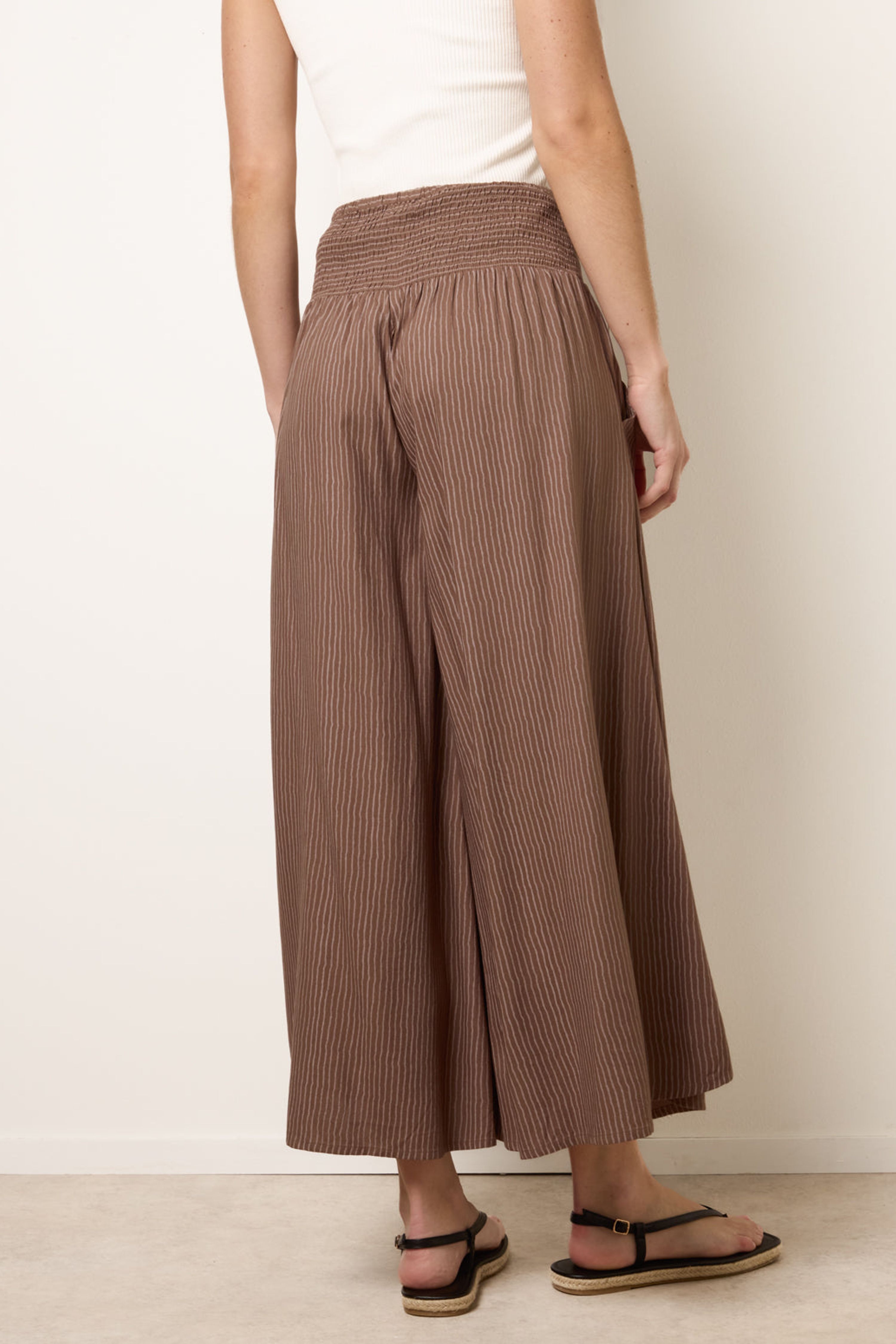 Blue Vanilla Light Brown Wide Leg Shirred Waist Wavy Trousers