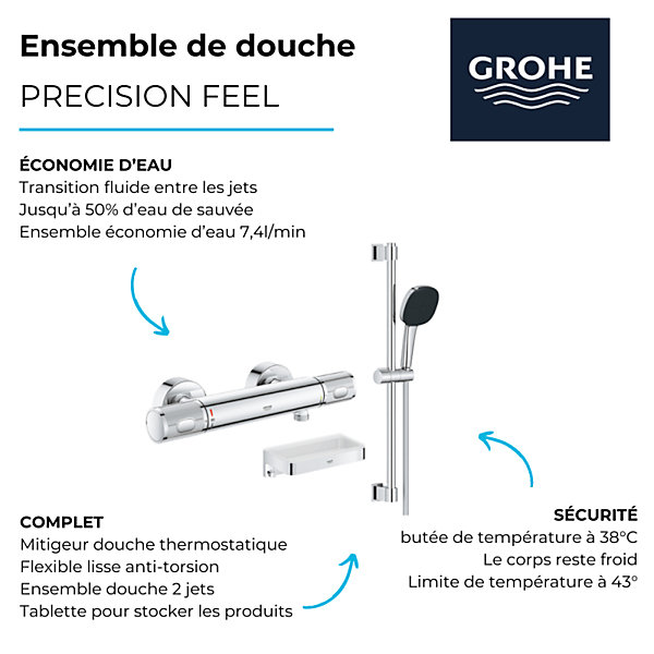 Mitigeur douche thermostatique GROHE Precision Feel   Ensemble de douche 2 jets avec barre   Panier douche