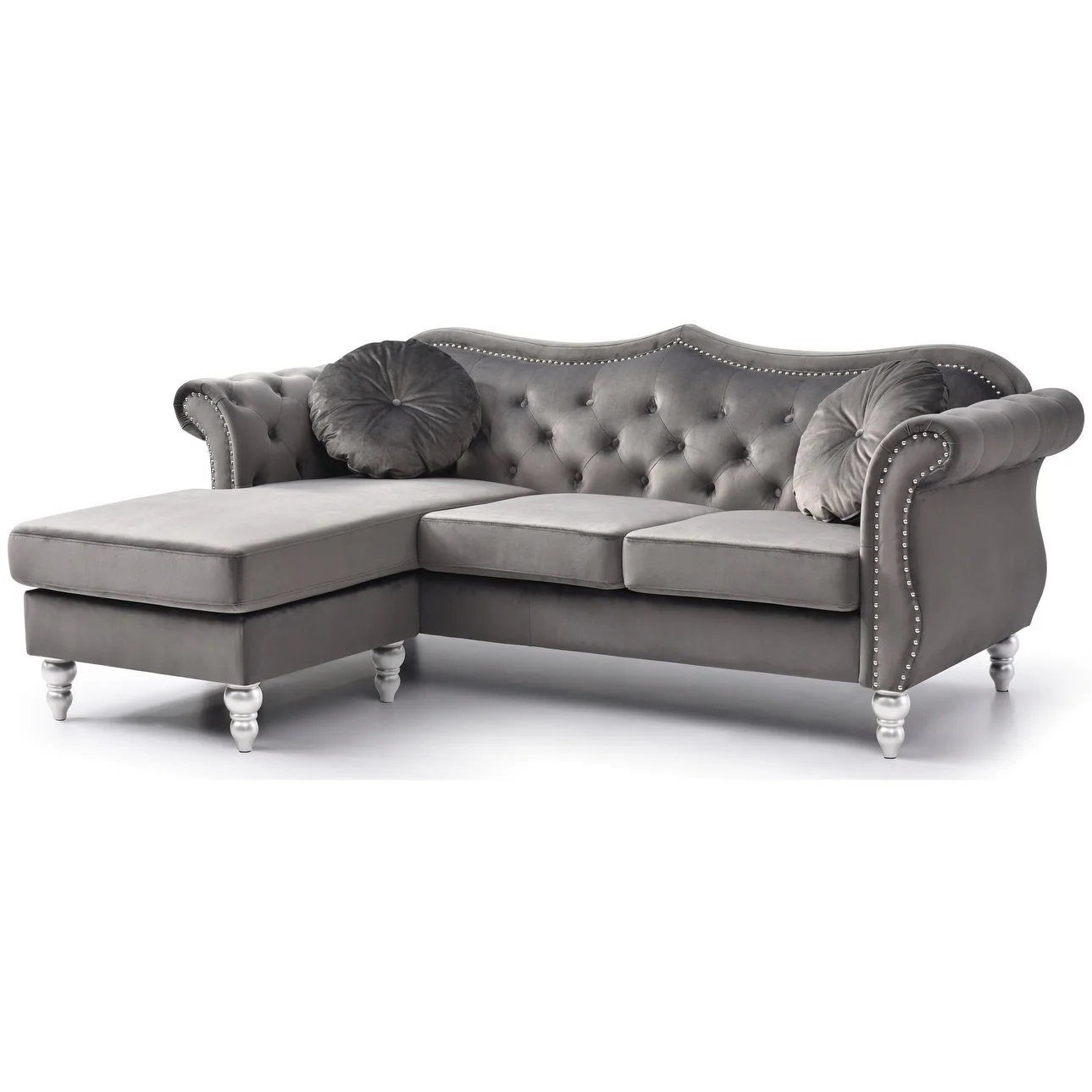 Hollywood 81 in. Velvet Chesterfield Sectional Sofa with 2-Throw Pillow - 81L x 35W x 34H