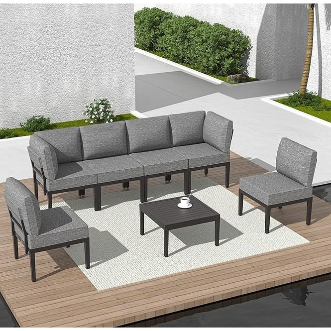 Kullavik 7 Piece Outdoor Furniture Set, Modern Metal Sectional Sofa with Thick Cushions and Coffee Table