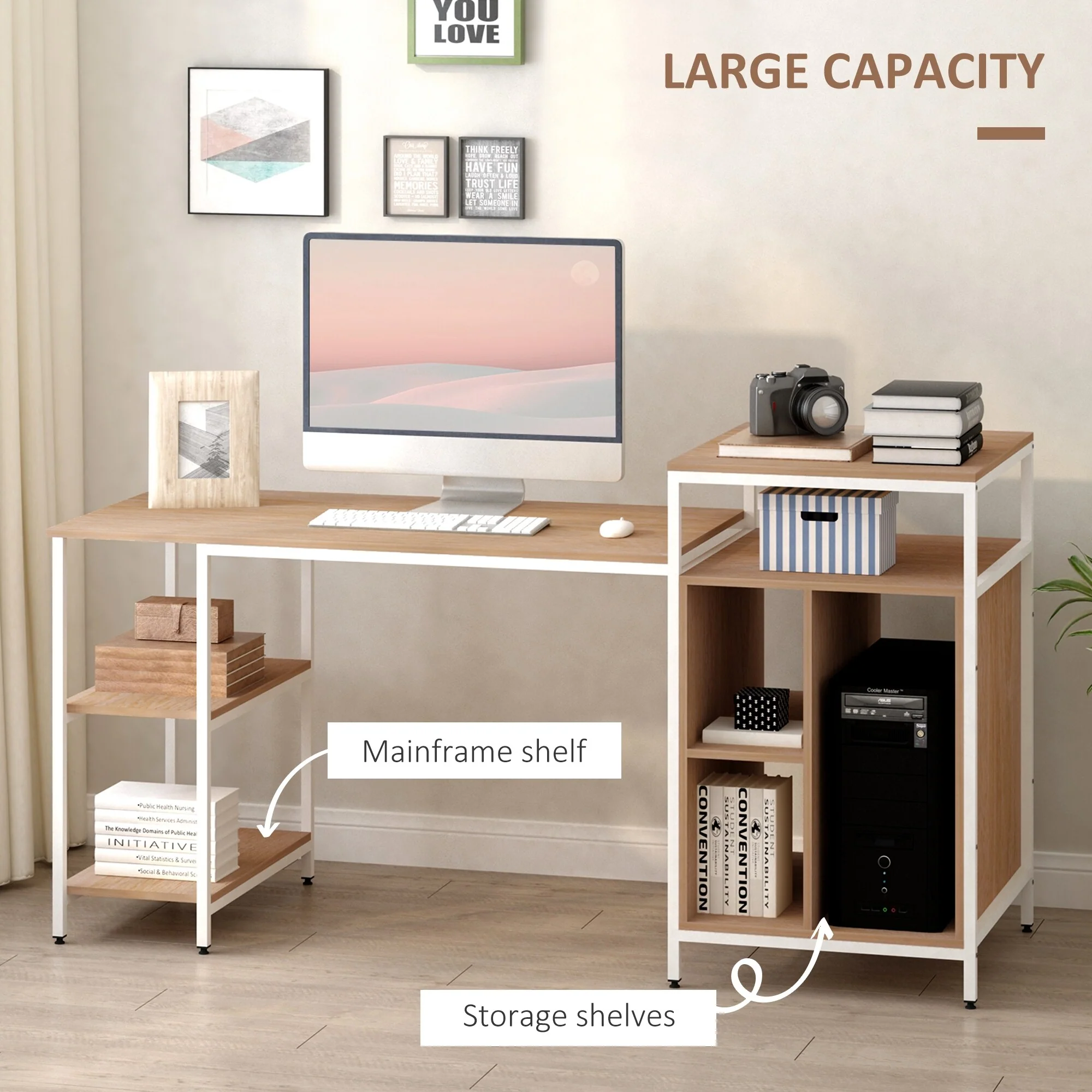 68 Inch Office Table Computer Desk Workstation Bookshelf with CPU Stand