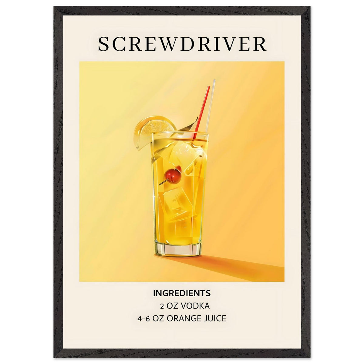 Artfulprints Poster met Lijst Screwdriver cocktail - Ingrediënten  - 50x70 cm - Geel