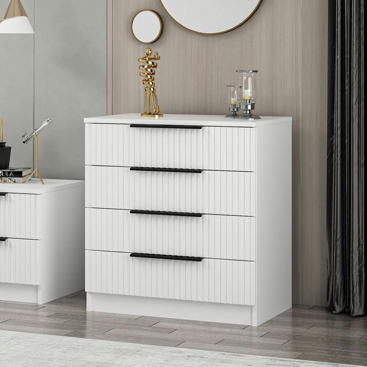 Commode blanche moderne 4 tiroirs, façade rainurée BYRON