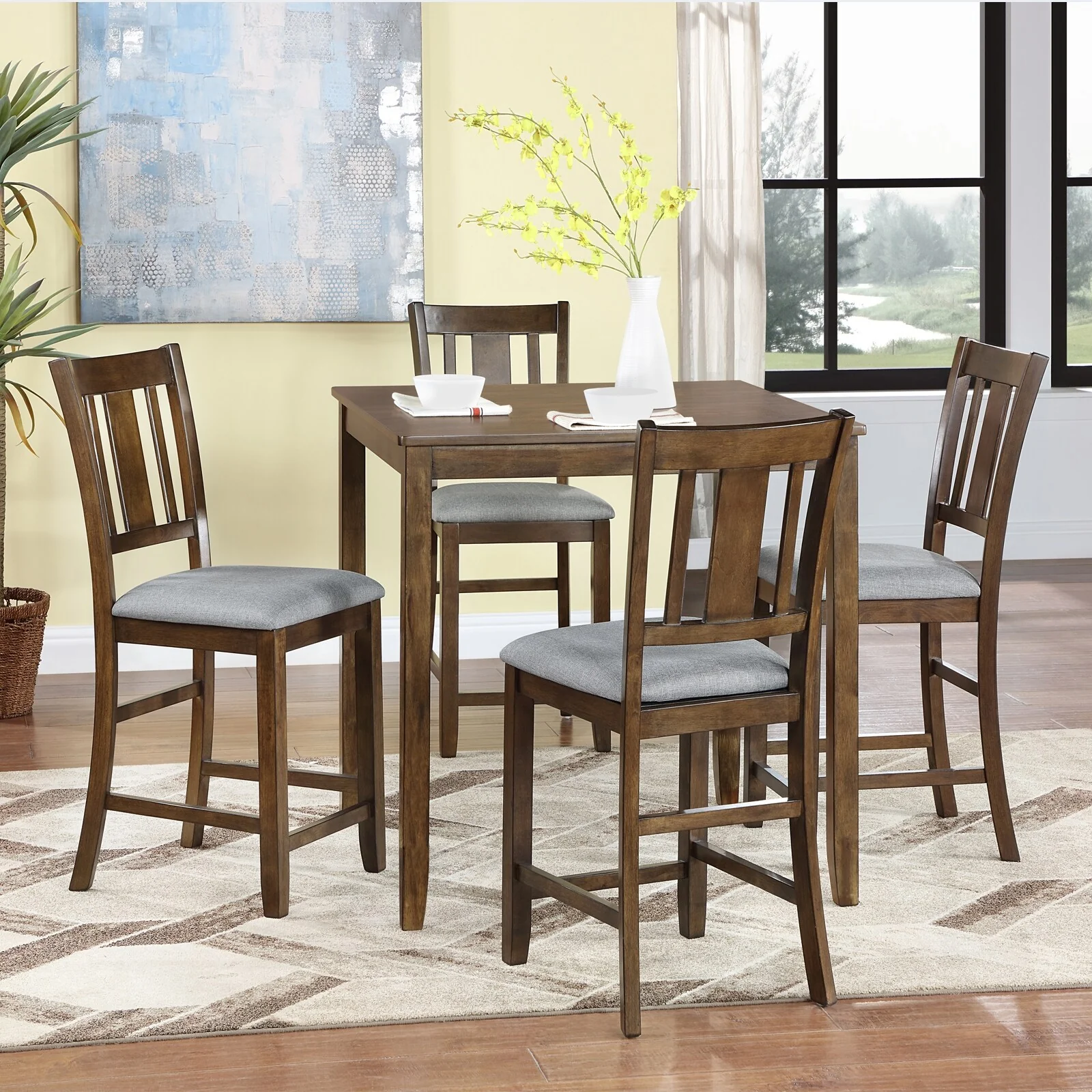 Modern Kitchen Table and Chairs for 4, 5 Piece Wooden Counter Height Dining Table Set with 4 Upholstered Chairs
