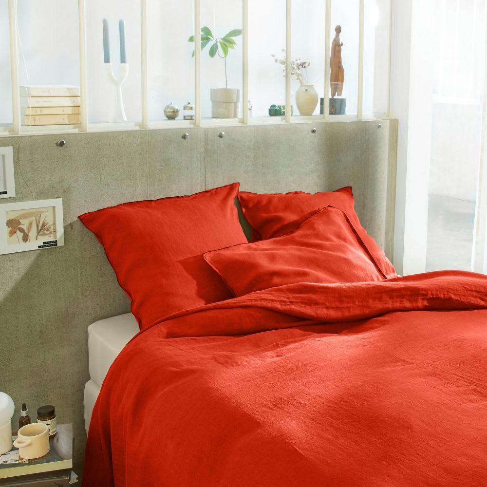 - Parure de lit 2 places en lin français lavé orange 220x240 cm