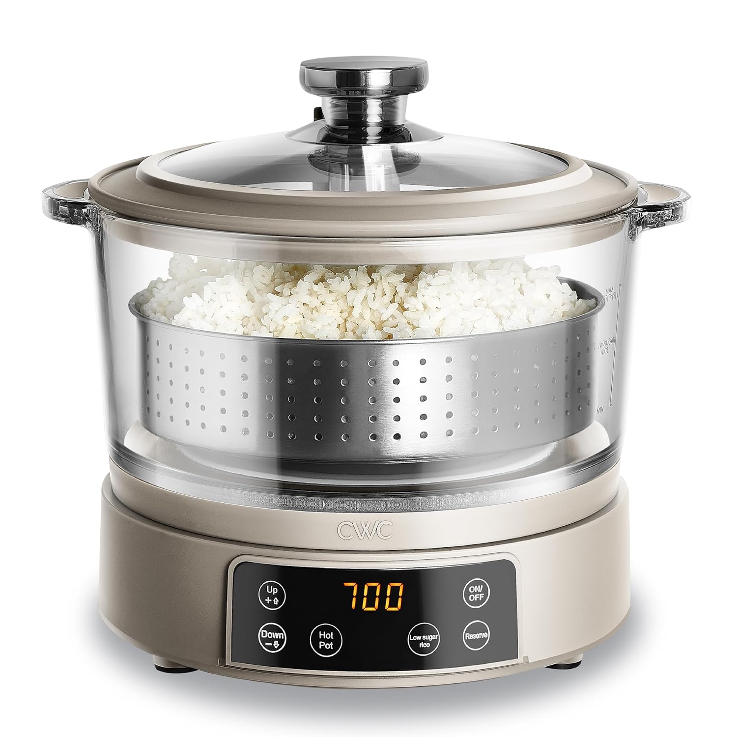 COOK WITH COLOR 3L Glass Mini Low Carb Rice Cooker – Holds 2 Cups Raw/Makes 6 Cups Cooked with Auto Lift Filter Basket, Hotpot & Steamer for Rice, Grains, Digital Panel with Keep Warm, Greige