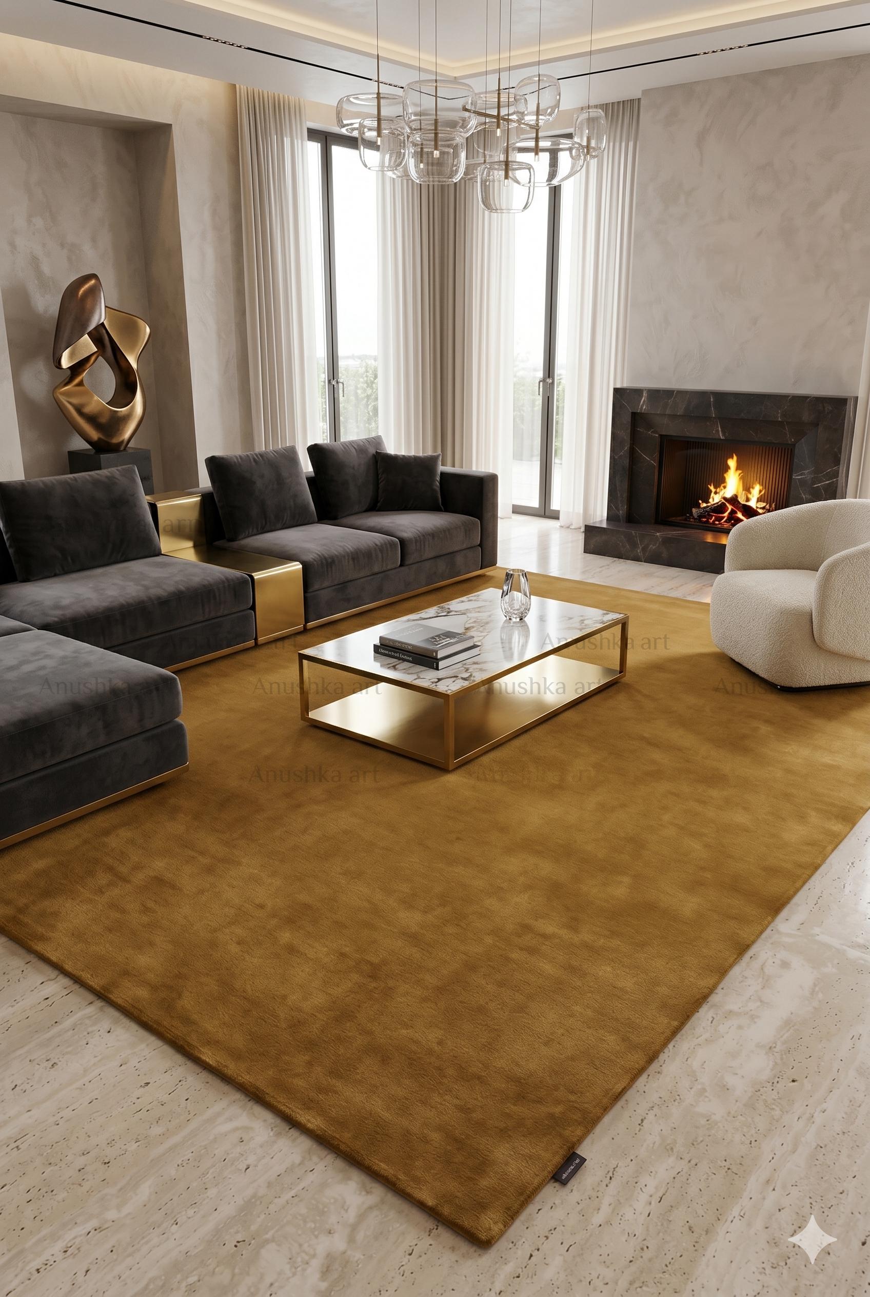 Handloomed New Zealand Wool Rug Solid Ocher Golden Brown Area Carpet Ultra Soft Plush Pile for Living Room Bedroom Modern Boho Ethical Decor