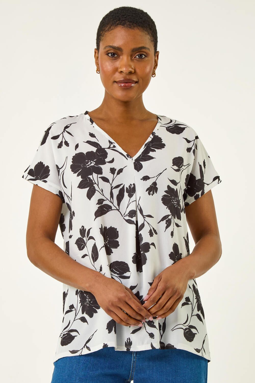 Roman Mono Floral Print Pleat Front Top