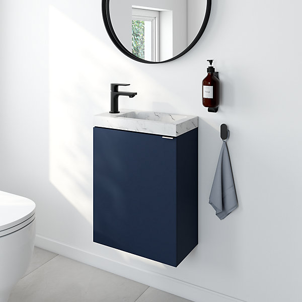 Meuble lave-mains à poser bleu nuit mat l.44 cm Imandra   plan vasque effet marbre blanc, GoodHome
