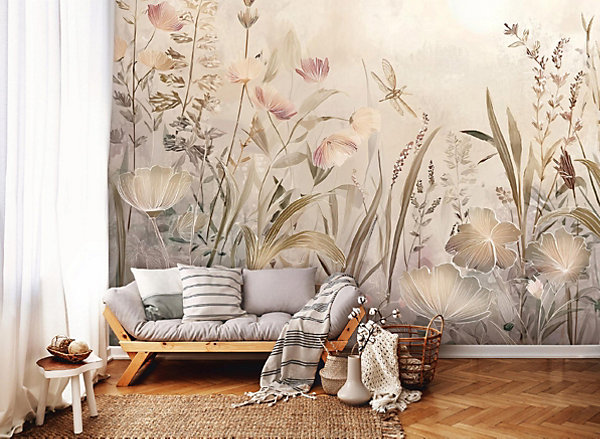Papier Peint Panoramique Intissé Fleurs Prairie Beige - 300x210 cm - Papier Peint Chambre et salon