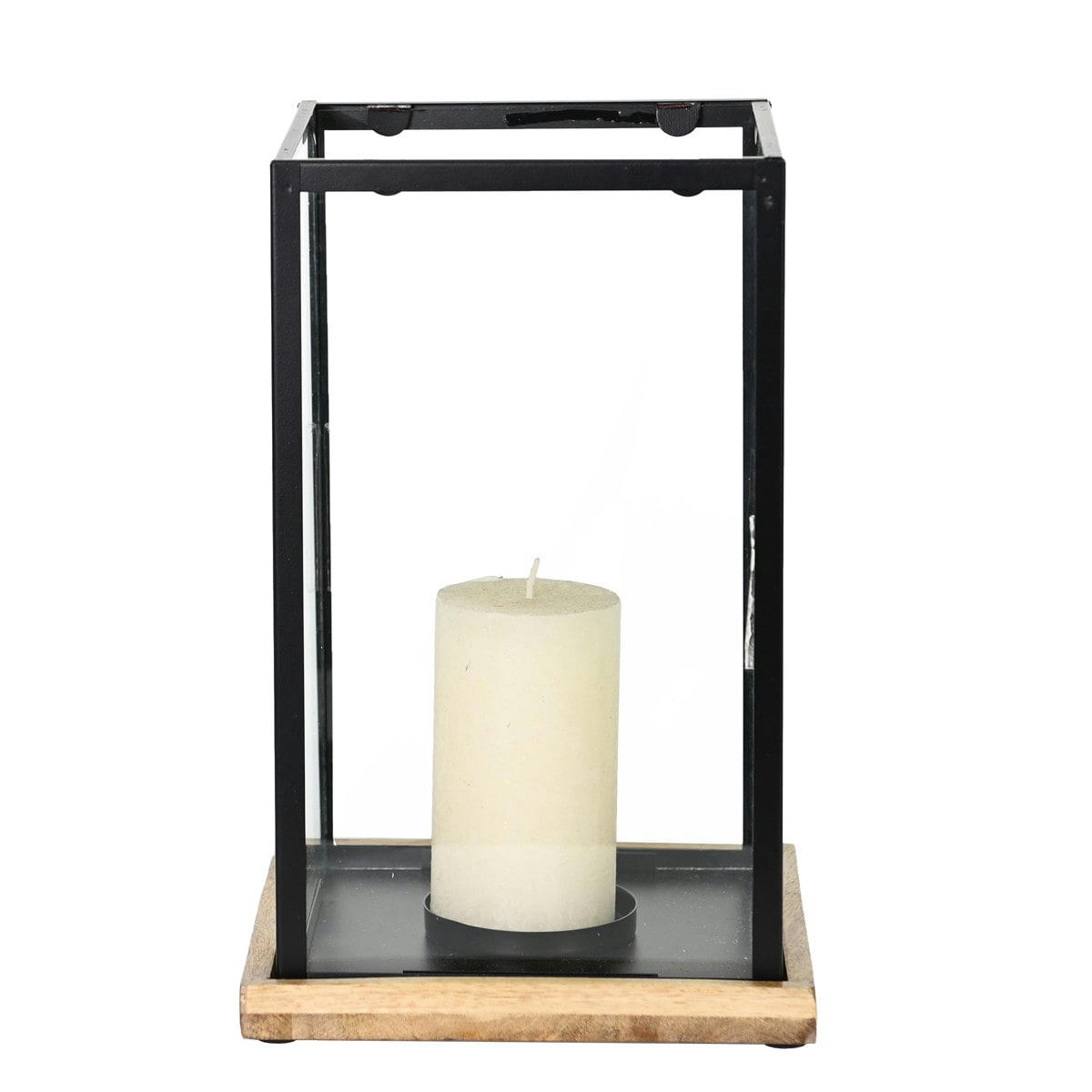 KANDAVA BLACK - Photophore métal socle en bois 18x30 cm