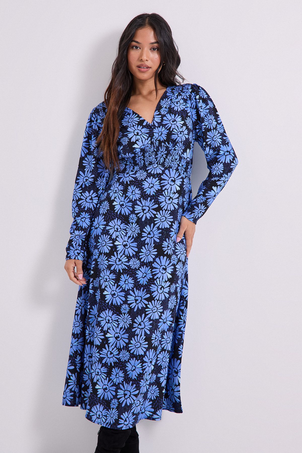 Dorothy Perkins Petite Blue Daisy Shirred Waist Button Detail Midi Dress