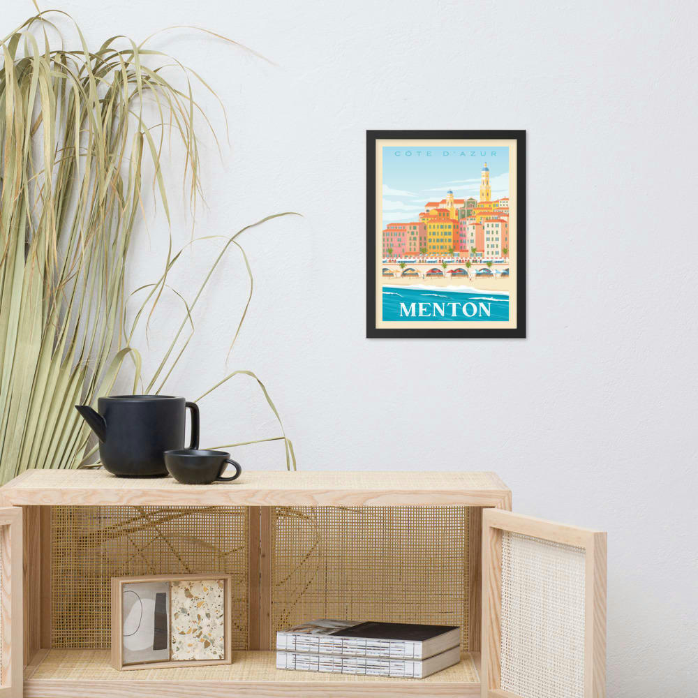 - Affiche Menton France + Cadre Bois noir 21x29,7 cm