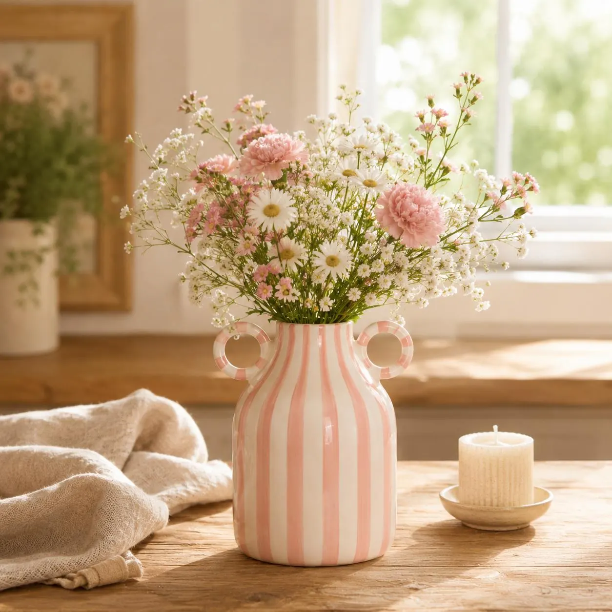 Personalized Engraved Striped Ceramic Vase with Handles,Boho Flower Vase,Farmhouse table,Cottagecore Home Floral Decor,New Home,Anniversary