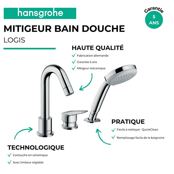 Mitigeur bain douche 3 trous HANSGROHE Logis chromé