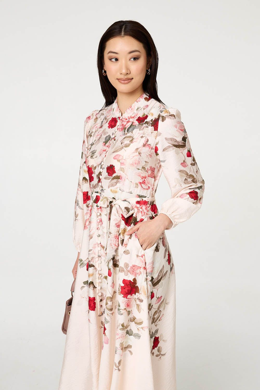 Izabel London Floral Tie Waist Long Sleeve Midi Dress