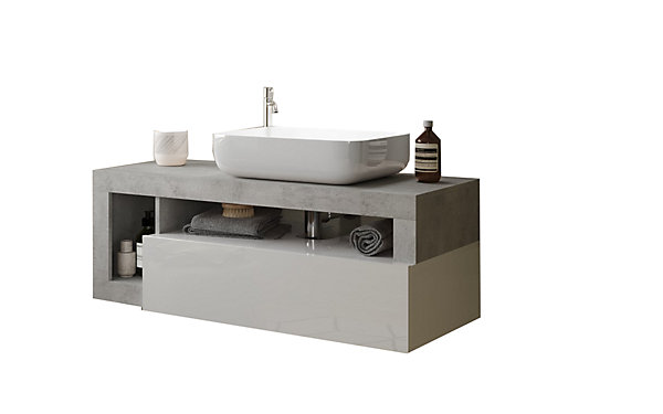 Ensemble salle de bain HAMBURG blanc brillant, béton 110 x 47 x 49 cm