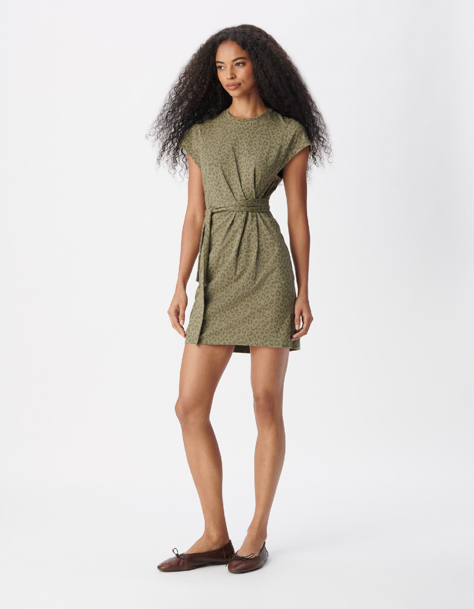 Robe kaki imprimé léopard ceinture à nouer Femme