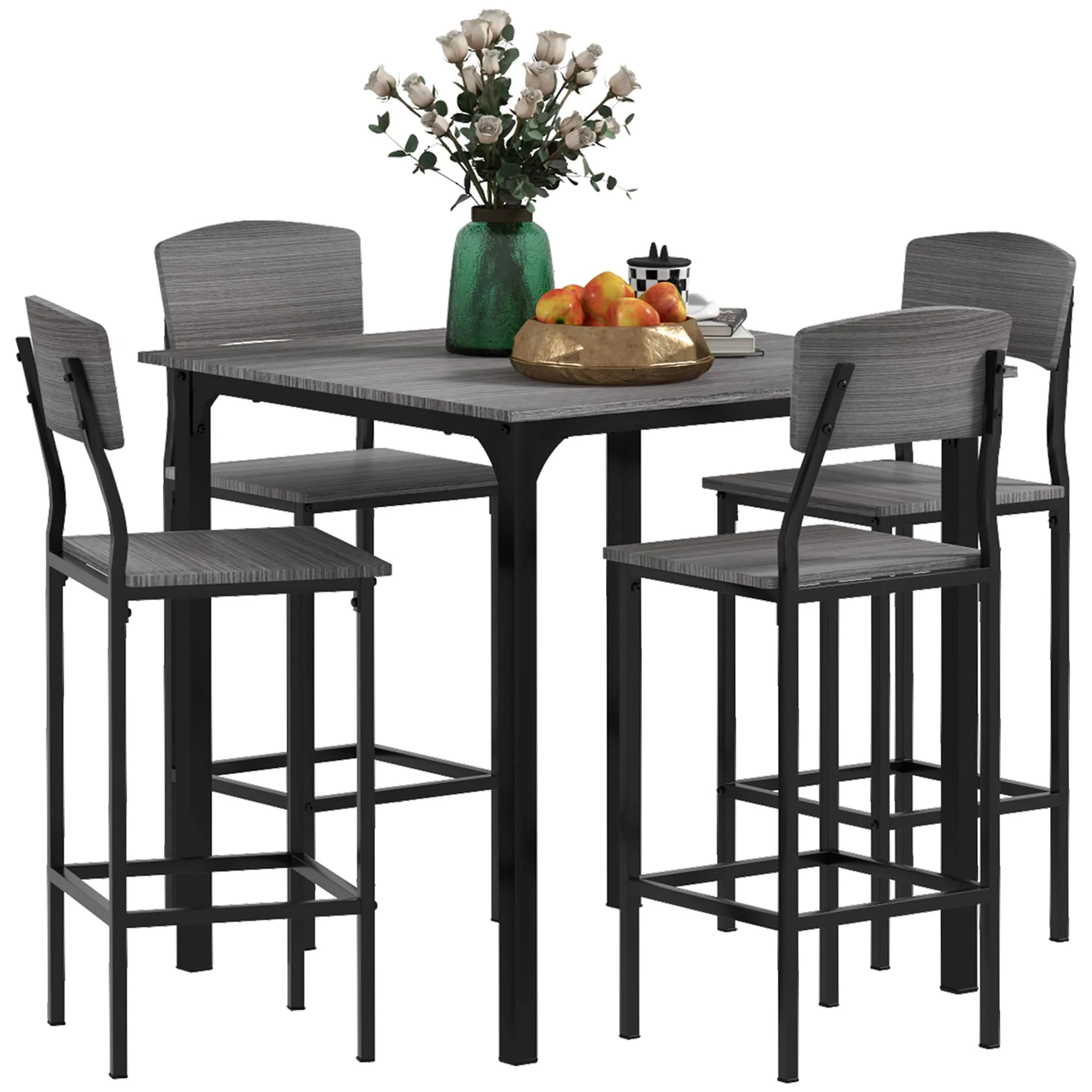 HOMCOM Counter Height Bar Table Set for 4, Square Kitchen Table and Chairs Set with Footrest, Gray