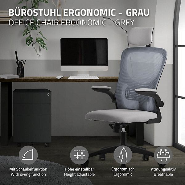 Chaise de bureau gaming ergonomique gris pivotant en maille appui-tête réglable