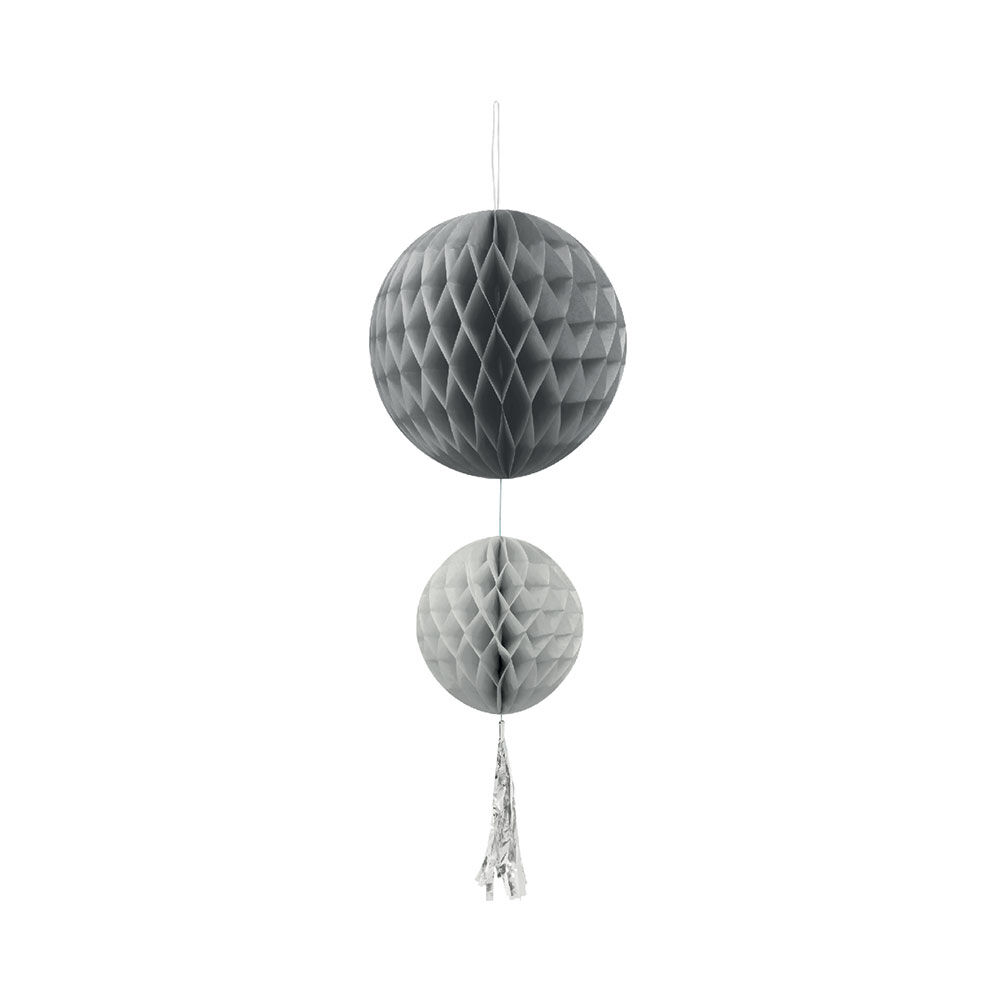 Suspension 2 boules avec pompon papier gris
