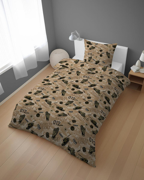Pościel młodzieżowa 140x200 piaskowa w czołgi – 5872 A – DreamKids