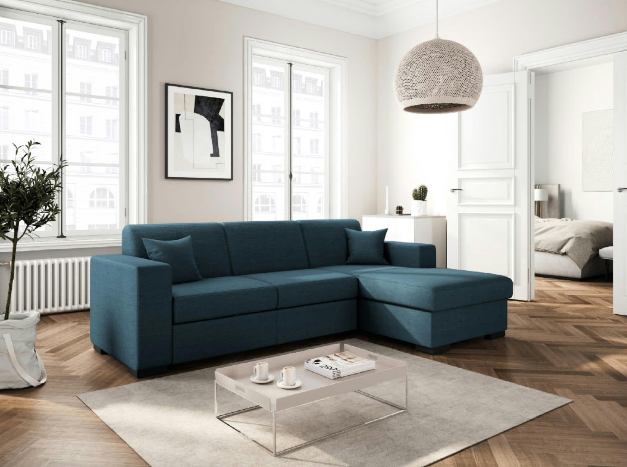 FUJI - Canapé d'angle droit convertible en tissu bleu