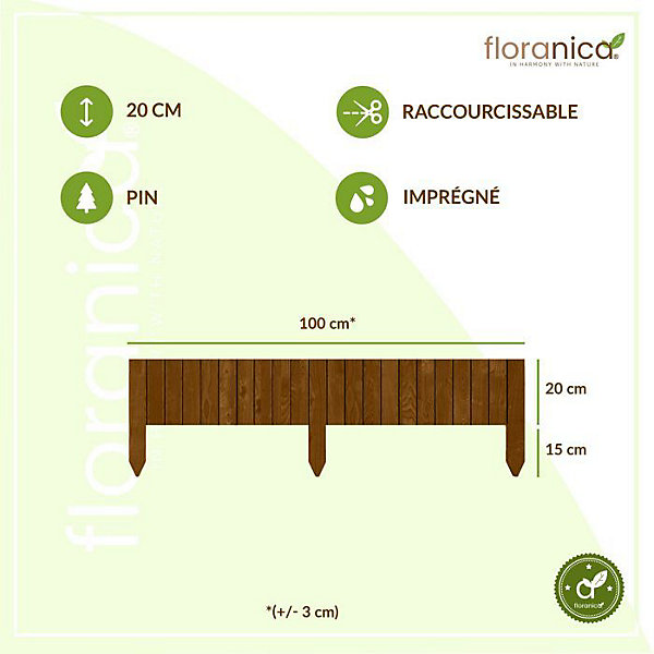 Floranica Bordure flexible de parterre Imprégnée 100 x 20 cm Brune (raccourcissable) Clôture en bois en pin Palissade Rollboarder