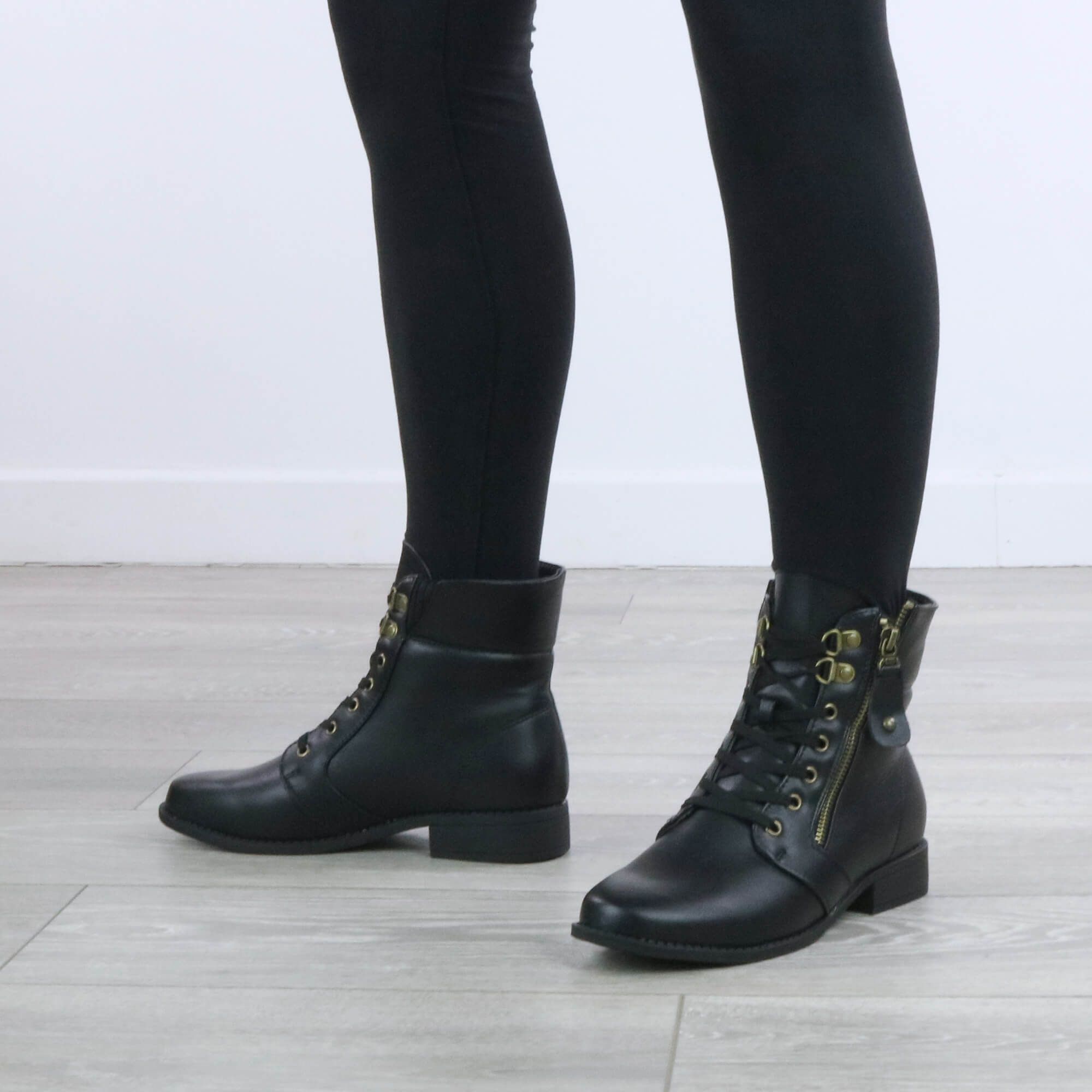 AJVANI Military Gold Zip Knit Cuff Ankle Boots