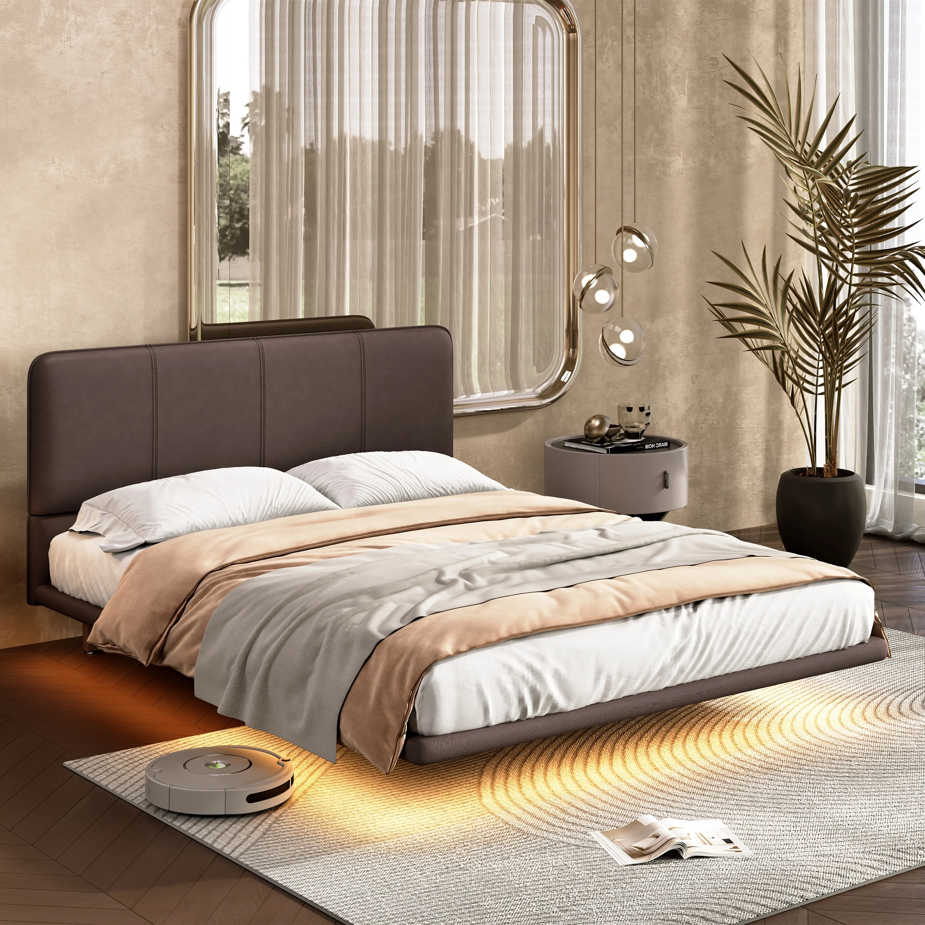 Korli Modern Upholstered Leather Floating Bedframe & Headboard Set with LED Lighting by Christopher Knight Home