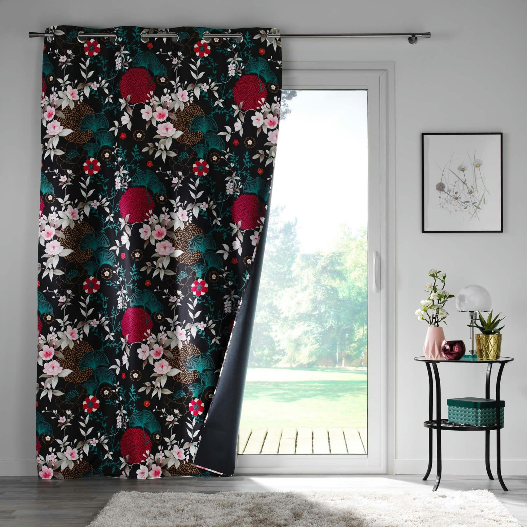 YOKAHAMA - Rideau fleuri occultant et microfibre bleu 260x135cm