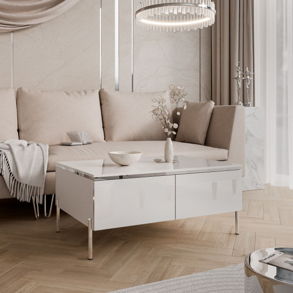 Ława AURORA silver ze schowkiem, biała, nóżki proste chromowane