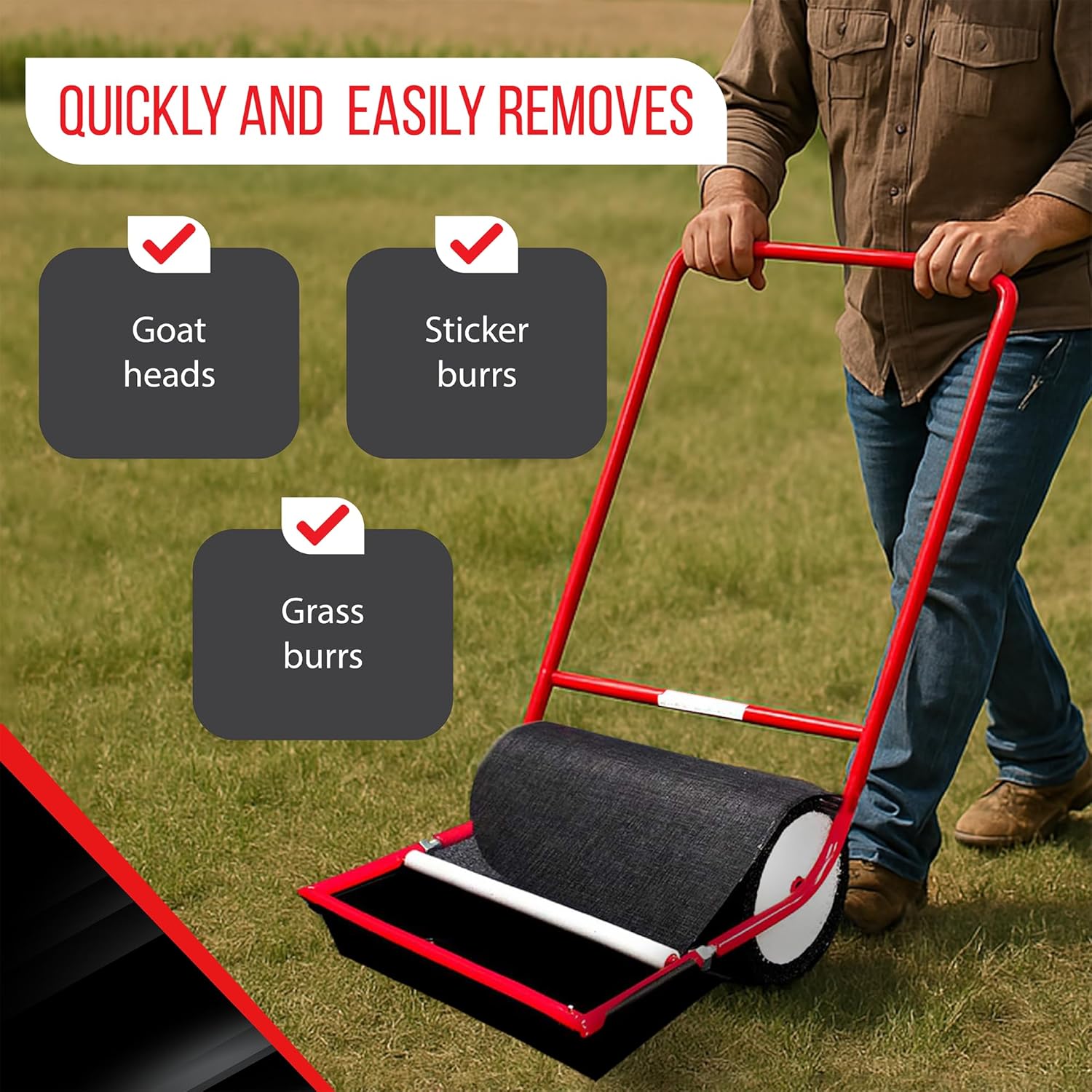 X-Large Remover Yard Tool Wide for Easy Yard Cleanup - Push Model 2.0 for Burr & Sticker Removal - Effortless Goat Head Roller and Picker - Made in USA (18 Extra Wide)