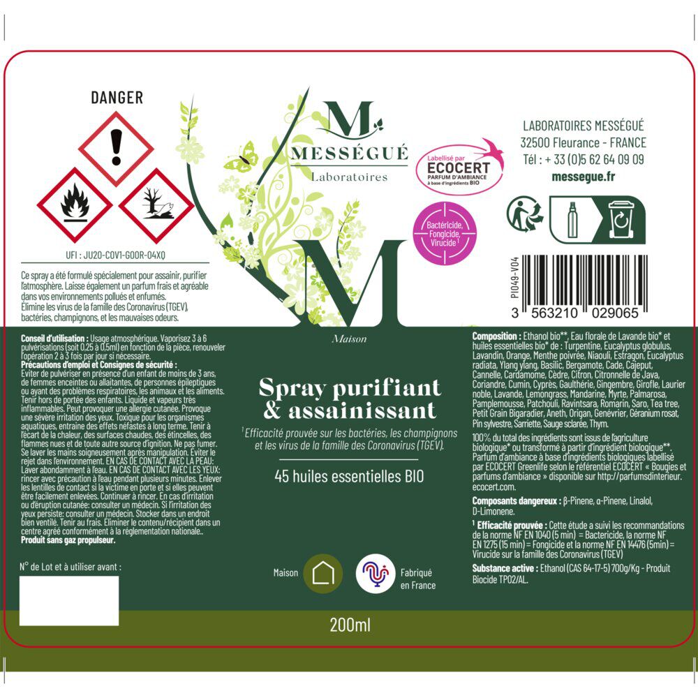 Spray purifiant et assainissant Mességué 45 huiles essentielles bio 200ml