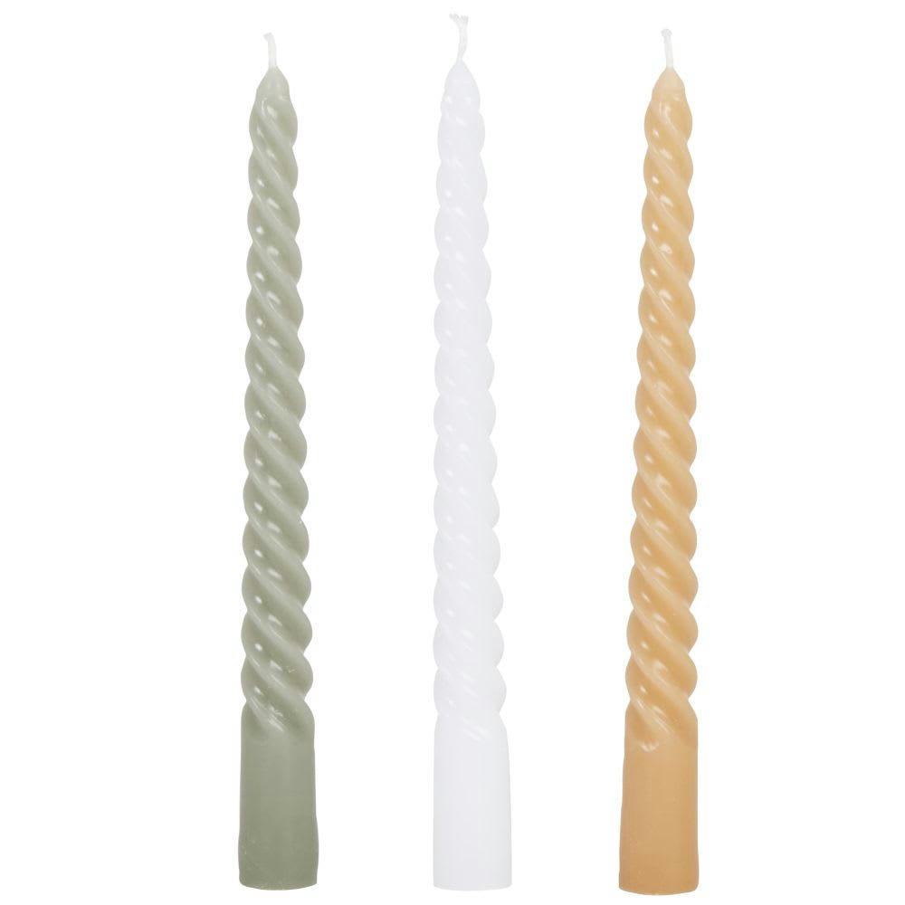 ASWAN - Bougies torsadées blanche, verte et dorée (x3)