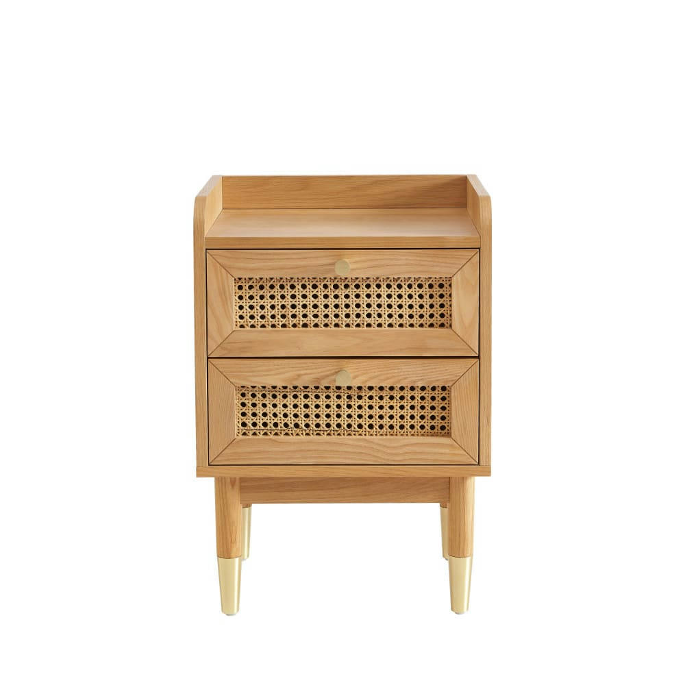 BOMBONG - Table de chevet 2 tiroirs en bois et cannage bois clair